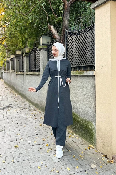 Kapşonlu Fermuarlı Belden Beyaz Bağcıklı Sade Basic İkili Spor Takımı - 03074.017 - Antrasit - 12