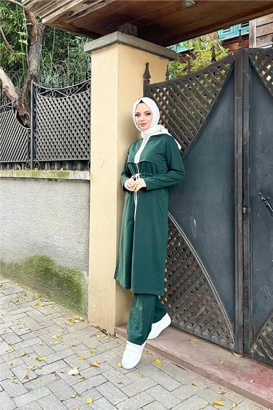 Kapşonlu Fermuarlı Belden Beyaz Bağcıklı Sade Basic İkili Spor Takımı - 03074.021 - Nefti - Resim 11