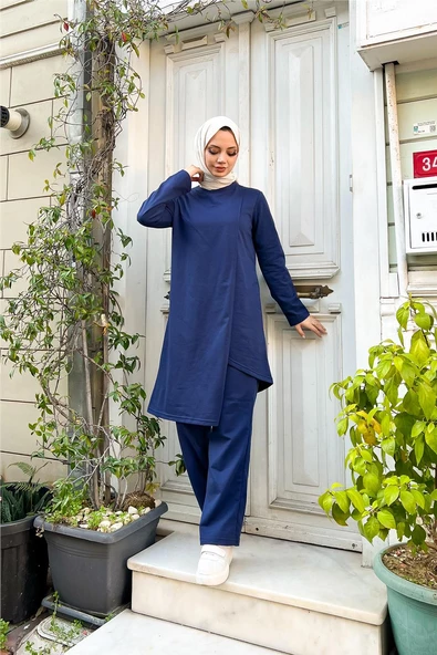 Kruvaze Bisiklet Yaka Sade Basic Tunik Panolon İkili Takım - 03076.202 - Açık Lacivert - Resim 7