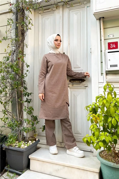 Kruvaze Bisiklet Yaka Sade Basic Tunik Panolon İkili Takım - 03076.016 - Vizon - Resim 2