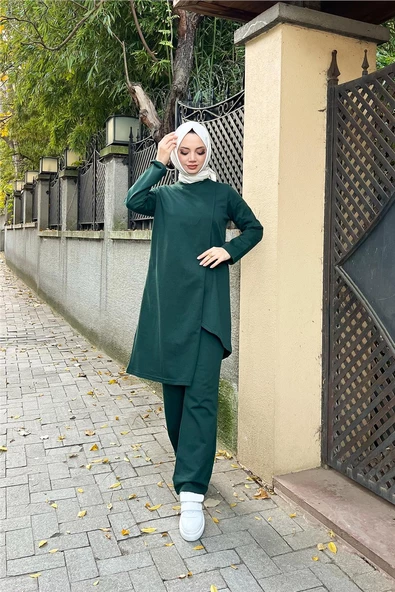 Kruvaze Bisiklet Yaka Sade Basic Tunik Panolon İkili Takım - 03076.021 - Nefti - 4