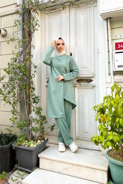 Kruvaze Bisiklet Yaka Sade Basic Tunik Panolon İkili Takım - 03076.100 - Çağla Yeşili - Resim 11