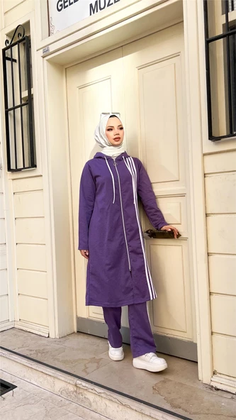 Fermuarlı Kapşonlu Uzun Tunik Pantolon İkili Tesettür Eşofman Takımı - 03077.207 - Koyu Lila - 7