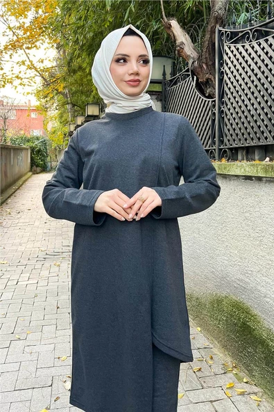 Kruvaze Bisiklet Yaka Sade Basic Tunik Panolon İkili Takım - 03076.017 - Antrasit - 3
