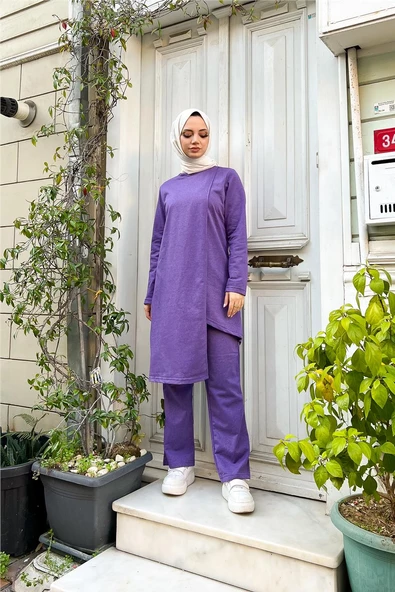 Kruvaze Bisiklet Yaka Sade Basic Tunik Panolon İkili Takım - 03076.207 - Koyu Lila - Resim 5