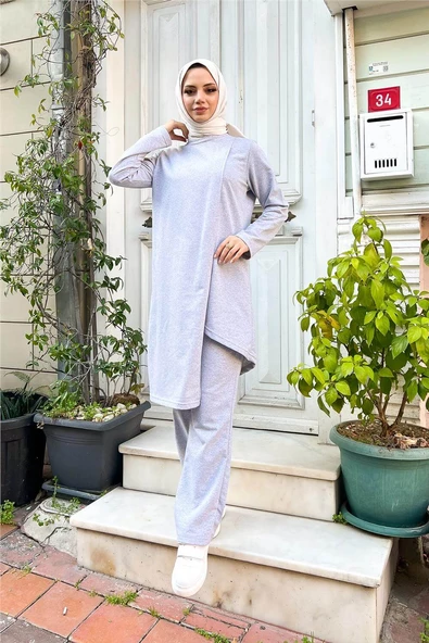 Kruvaze Bisiklet Yaka Sade Basic Tunik Panolon İkili Takım - 03076.008 - Gri - Resim 4