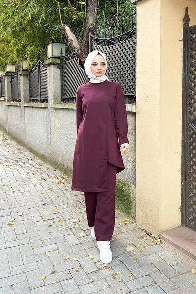 Kruvaze Bisiklet Yaka Sade Basic Tunik Panolon İkili Takım - 03076.020 - Mürdüm - Resim 5