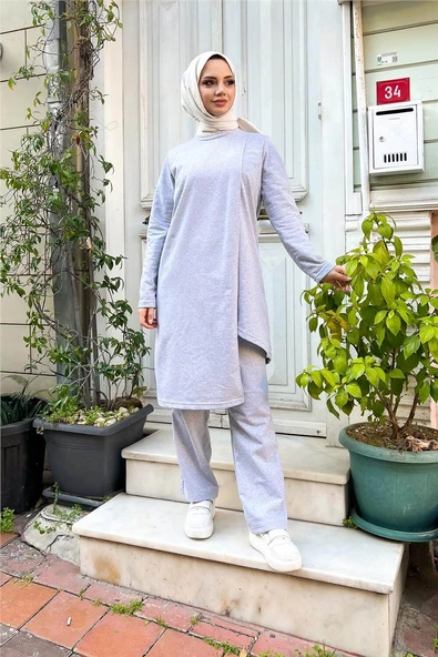 Kruvaze Bisiklet Yaka Sade Basic Tunik Panolon İkili Takım - 03076.008 - Gri - Resim 2
