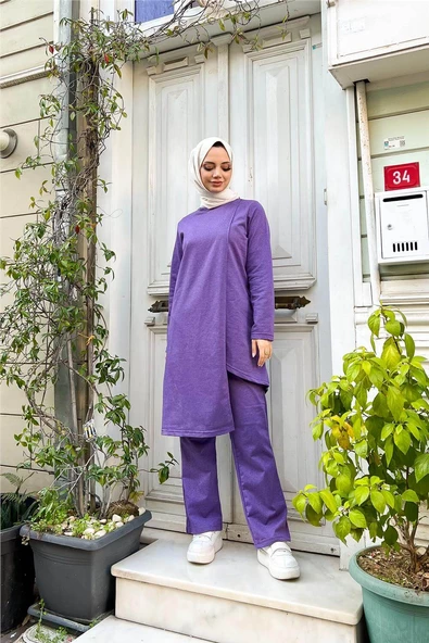 Kruvaze Bisiklet Yaka Sade Basic Tunik Panolon İkili Takım - 03076.207 - Koyu Lila - Resim 12