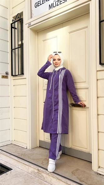 Fermuarlı Kapşonlu Uzun Tunik Pantolon İkili Tesettür Eşofman Takımı - 03077.207 - Koyu Lila - 9