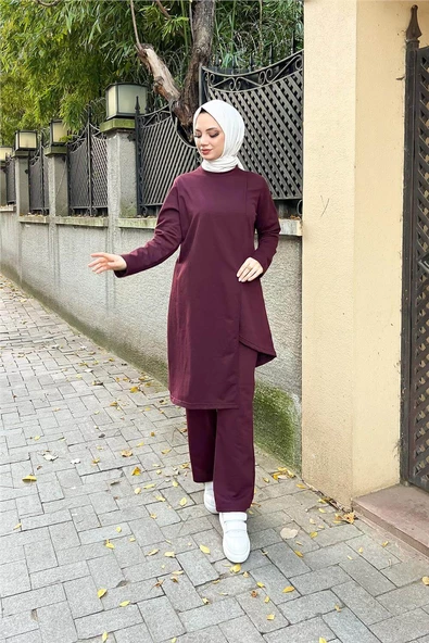 Kruvaze Bisiklet Yaka Sade Basic Tunik Panolon İkili Takım - 03076.020 - Mürdüm - Resim 9