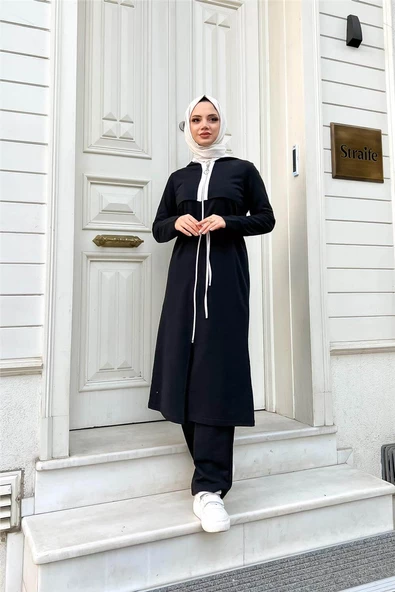 Kapşonlu Fermuarlı Belden Beyaz Bağcıklı Sade Basic İkili Spor Takımı - 03074.003 - Siyah ürün görseli