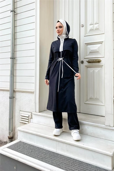 Kapşonlu Fermuarlı Belden Beyaz Bağcıklı Sade Basic İkili Spor Takımı - 03074.015 - Lacivert - Resim 6