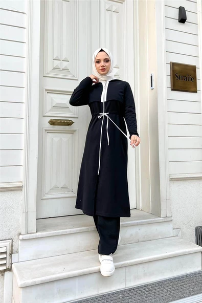 Kapşonlu Fermuarlı Belden Beyaz Bağcıklı Sade Basic İkili Spor Takımı - 03074.003 - Siyah - Resim 12