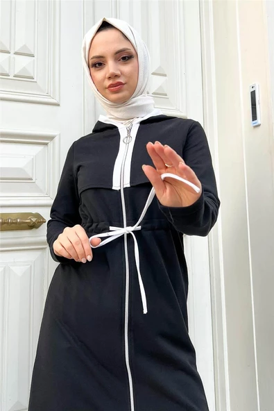 Kapşonlu Fermuarlı Belden Beyaz Bağcıklı Sade Basic İkili Spor Takımı - 03074.003 - Siyah - Resim 5