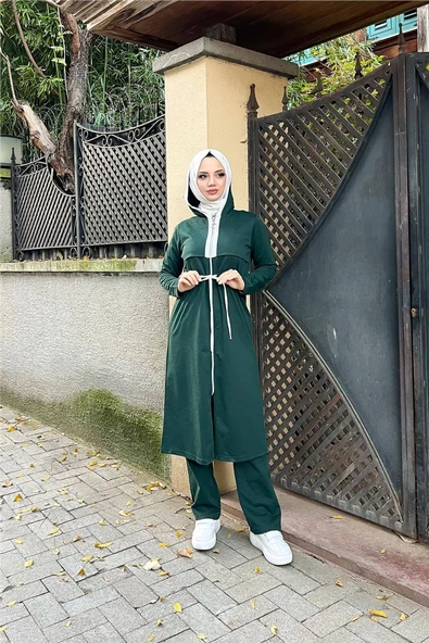 Kapşonlu Fermuarlı Belden Beyaz Bağcıklı Sade Basic İkili Spor Takımı - 03074.021 - Nefti ürün görseli