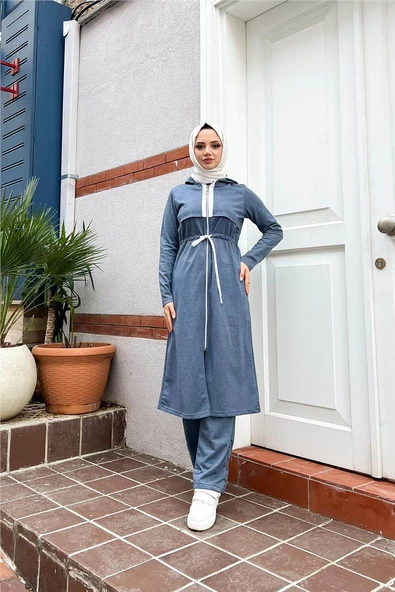 Kapşonlu Fermuarlı Belden Beyaz Bağcıklı Sade Basic İkili Spor Takımı - 03074.006 - İndigo - Resim 8