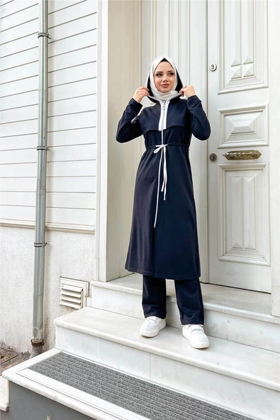 Kapşonlu Fermuarlı Belden Beyaz Bağcıklı Sade Basic İkili Spor Takımı - 03074.015 - Lacivert - Resim 8