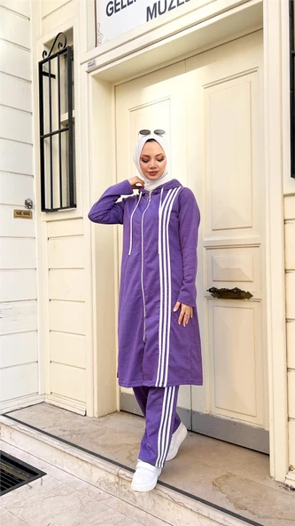 Fermuarlı Kapşonlu Uzun Tunik Pantolon İkili Tesettür Eşofman Takımı - 03077.207 - Koyu Lila - 3