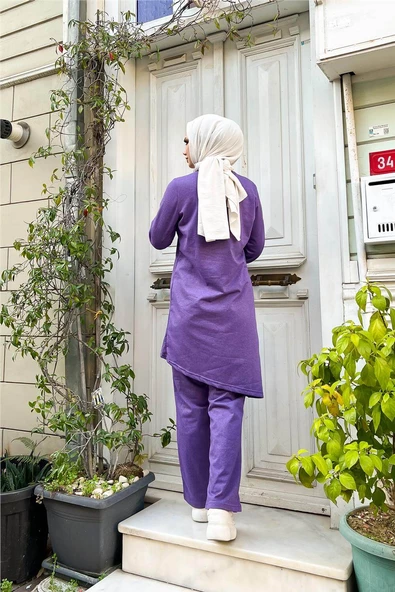 Kruvaze Bisiklet Yaka Sade Basic Tunik Panolon İkili Takım - 03076.207 - Koyu Lila - Resim 11