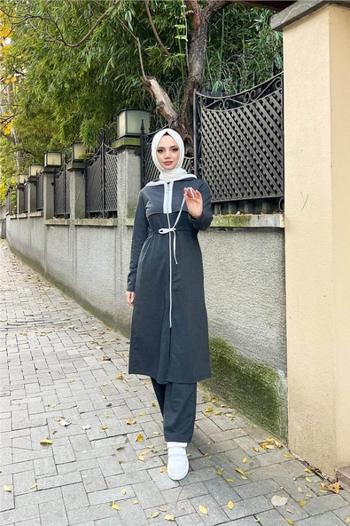Kapşonlu Fermuarlı Belden Beyaz Bağcıklı Sade Basic İkili Spor Takımı - 03074.017 - Antrasit - 11