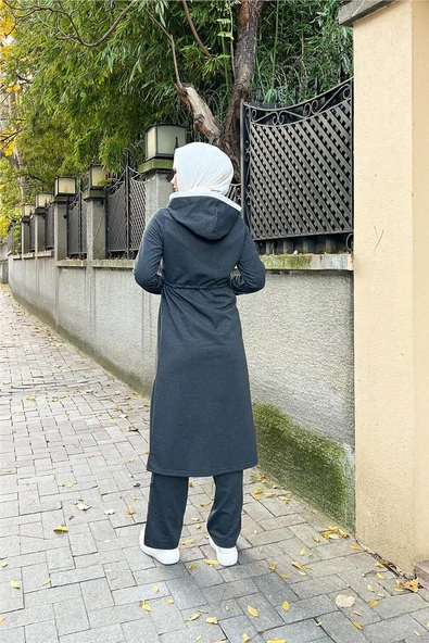 Kapşonlu Fermuarlı Belden Beyaz Bağcıklı Sade Basic İkili Spor Takımı - 03074.017 - Antrasit - 2