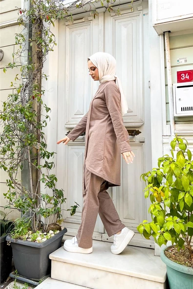 Kruvaze Bisiklet Yaka Sade Basic Tunik Panolon İkili Takım - 03076.016 - Vizon - Resim 8