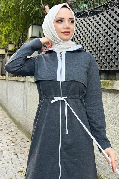Kapşonlu Fermuarlı Belden Beyaz Bağcıklı Sade Basic İkili Spor Takımı - 03074.017 - Antrasit - 4