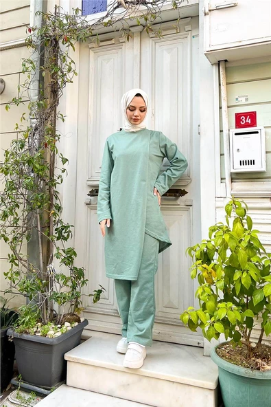 Kruvaze Bisiklet Yaka Sade Basic Tunik Panolon İkili Takım - 03076.100 - Çağla Yeşili - Resim 4