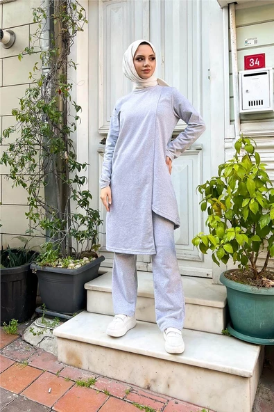 Kruvaze Bisiklet Yaka Sade Basic Tunik Panolon İkili Takım - 03076.008 - Gri - Resim 5