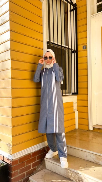 Fermuarlı Kapşonlu Uzun Tunik Pantolon İkili Tesettür Eşofman Takımı - 03077.006 - İndigo - 4