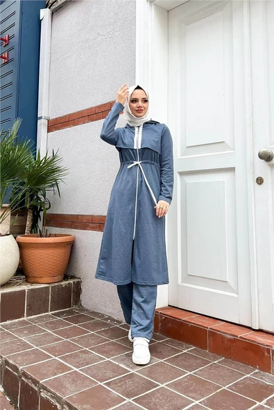 Kapşonlu Fermuarlı Belden Beyaz Bağcıklı Sade Basic İkili Spor Takımı - 03074.006 - İndigo - Resim 12