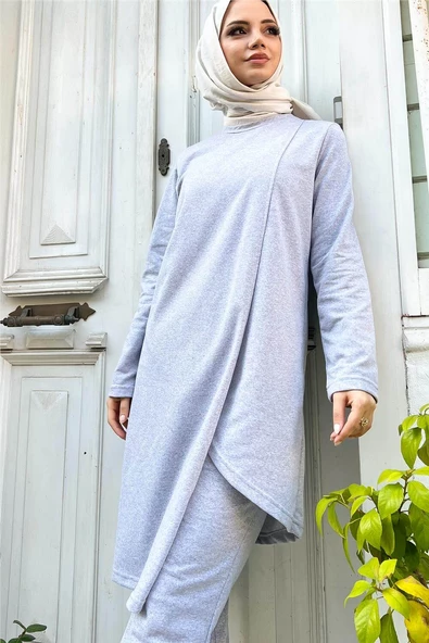 Kruvaze Bisiklet Yaka Sade Basic Tunik Panolon İkili Takım - 03076.008 - Gri - Resim 10