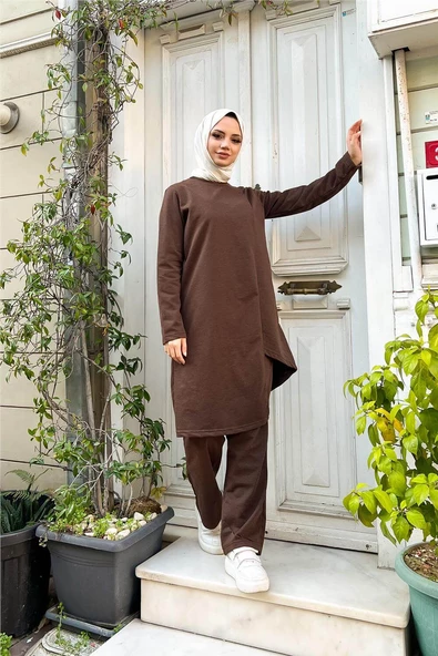 Kruvaze Bisiklet Yaka Sade Basic Tunik Panolon İkili Takım - 03076.028 - Kahverengi - Resim 3