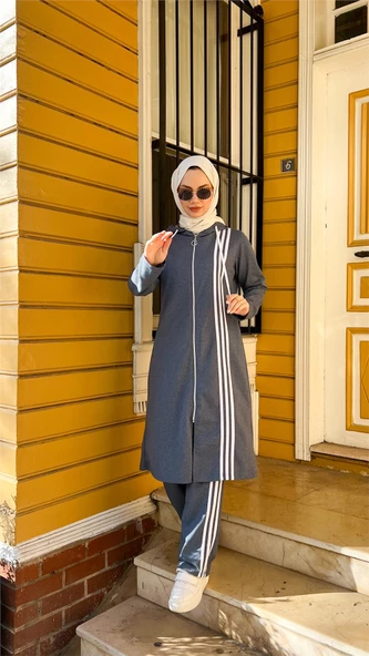 Fermuarlı Kapşonlu Uzun Tunik Pantolon İkili Tesettür Eşofman Takımı - 03077.006 - İndigo - 2