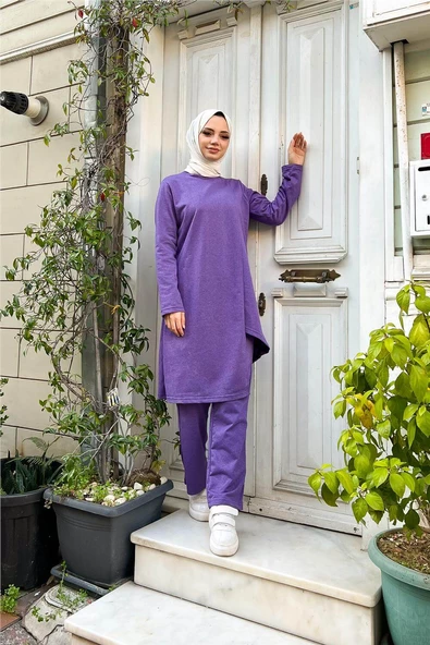 Kruvaze Bisiklet Yaka Sade Basic Tunik Panolon İkili Takım - 03076.207 - Koyu Lila - Resim 2