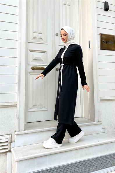 Kapşonlu Fermuarlı Belden Beyaz Bağcıklı Sade Basic İkili Spor Takımı - 03074.003 - Siyah - Resim 10