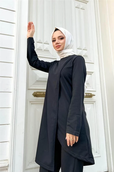Kruvaze Bisiklet Yaka Sade Basic Tunik Panolon İkili Takım - 03076.003 - Siyah - Resim 2