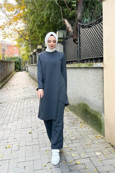 Kruvaze Bisiklet Yaka Sade Basic Tunik Panolon İkili Takım - 03076.017 - Antrasit - 5