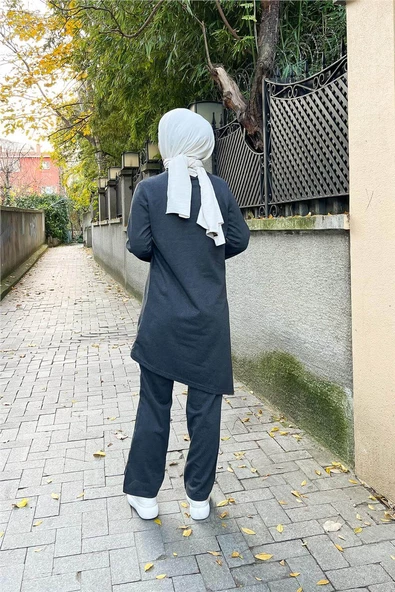 Kruvaze Bisiklet Yaka Sade Basic Tunik Panolon İkili Takım - 03076.017 - Antrasit - 9