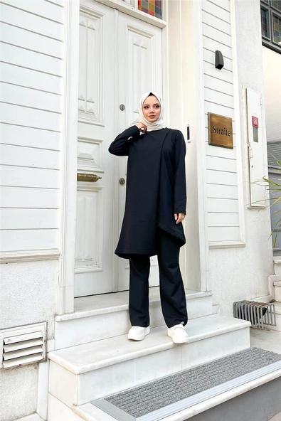Kruvaze Bisiklet Yaka Sade Basic Tunik Panolon İkili Takım - 03076.003 - Siyah ürün görseli