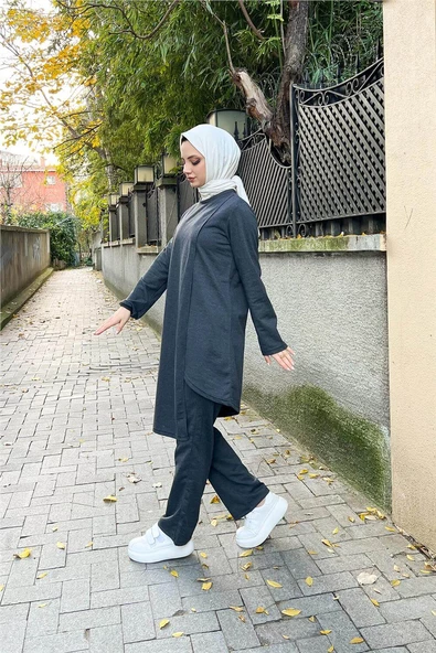 Kruvaze Bisiklet Yaka Sade Basic Tunik Panolon İkili Takım - 03076.017 - Antrasit - 8