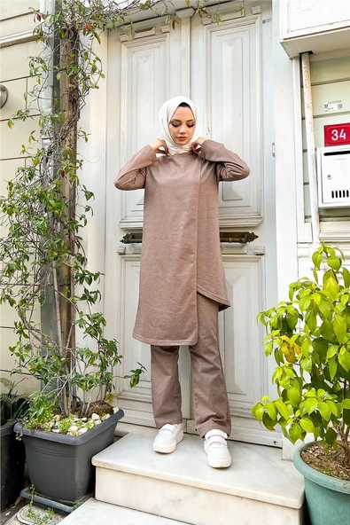 Kruvaze Bisiklet Yaka Sade Basic Tunik Panolon İkili Takım - 03076.016 - Vizon - Resim 6