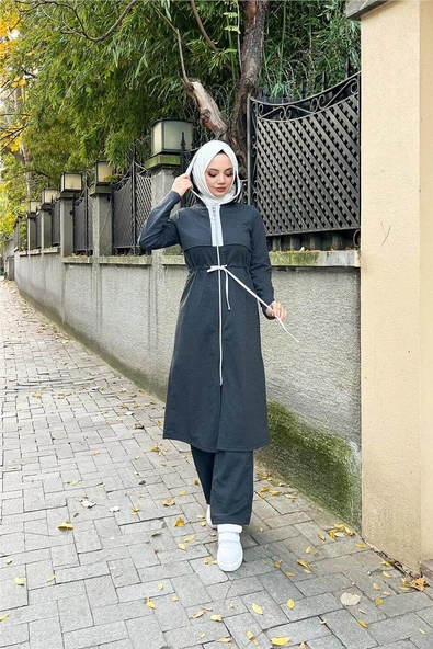 Kapşonlu Fermuarlı Belden Beyaz Bağcıklı Sade Basic İkili Spor Takımı - 03074.017 - Antrasit - 5