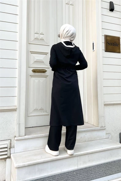 Kapşonlu Fermuarlı Belden Beyaz Bağcıklı Sade Basic İkili Spor Takımı - 03074.003 - Siyah - Resim 11