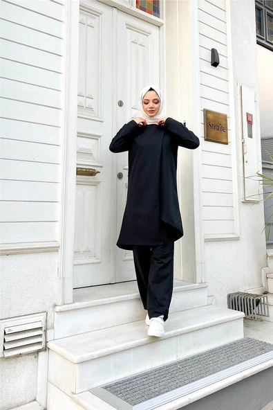 Kruvaze Bisiklet Yaka Sade Basic Tunik Panolon İkili Takım - 03076.003 - Siyah - Resim 11