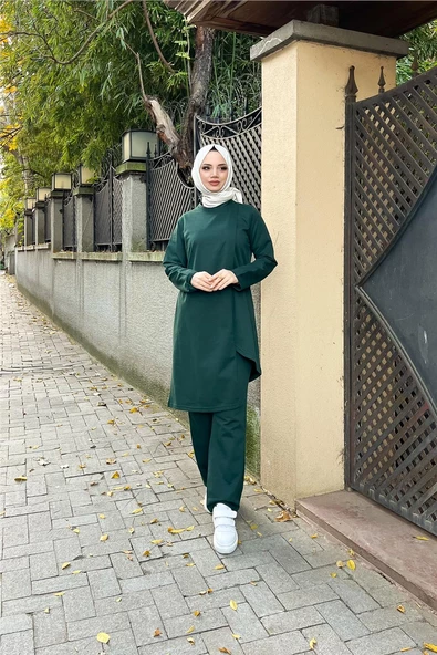 Kruvaze Bisiklet Yaka Sade Basic Tunik Panolon İkili Takım - 03076.021 - Nefti - 9