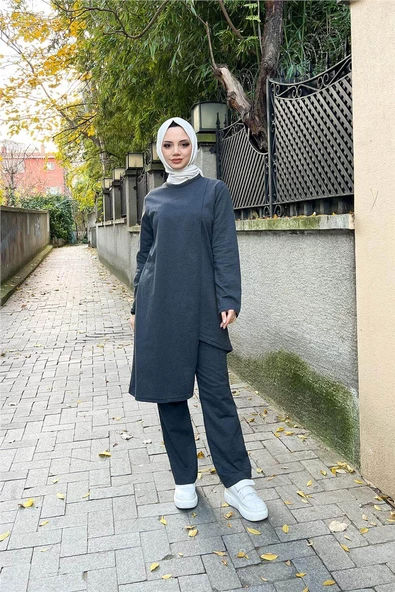 Kruvaze Bisiklet Yaka Sade Basic Tunik Panolon İkili Takım - 03076.017 - Antrasit - 10