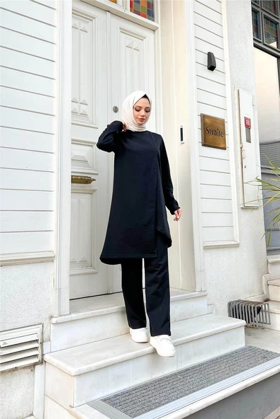 Kruvaze Bisiklet Yaka Sade Basic Tunik Panolon İkili Takım - 03076.003 - Siyah - Resim 6
