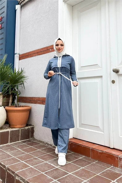 Kapşonlu Fermuarlı Belden Beyaz Bağcıklı Sade Basic İkili Spor Takımı - 03074.006 - İndigo - Resim 11